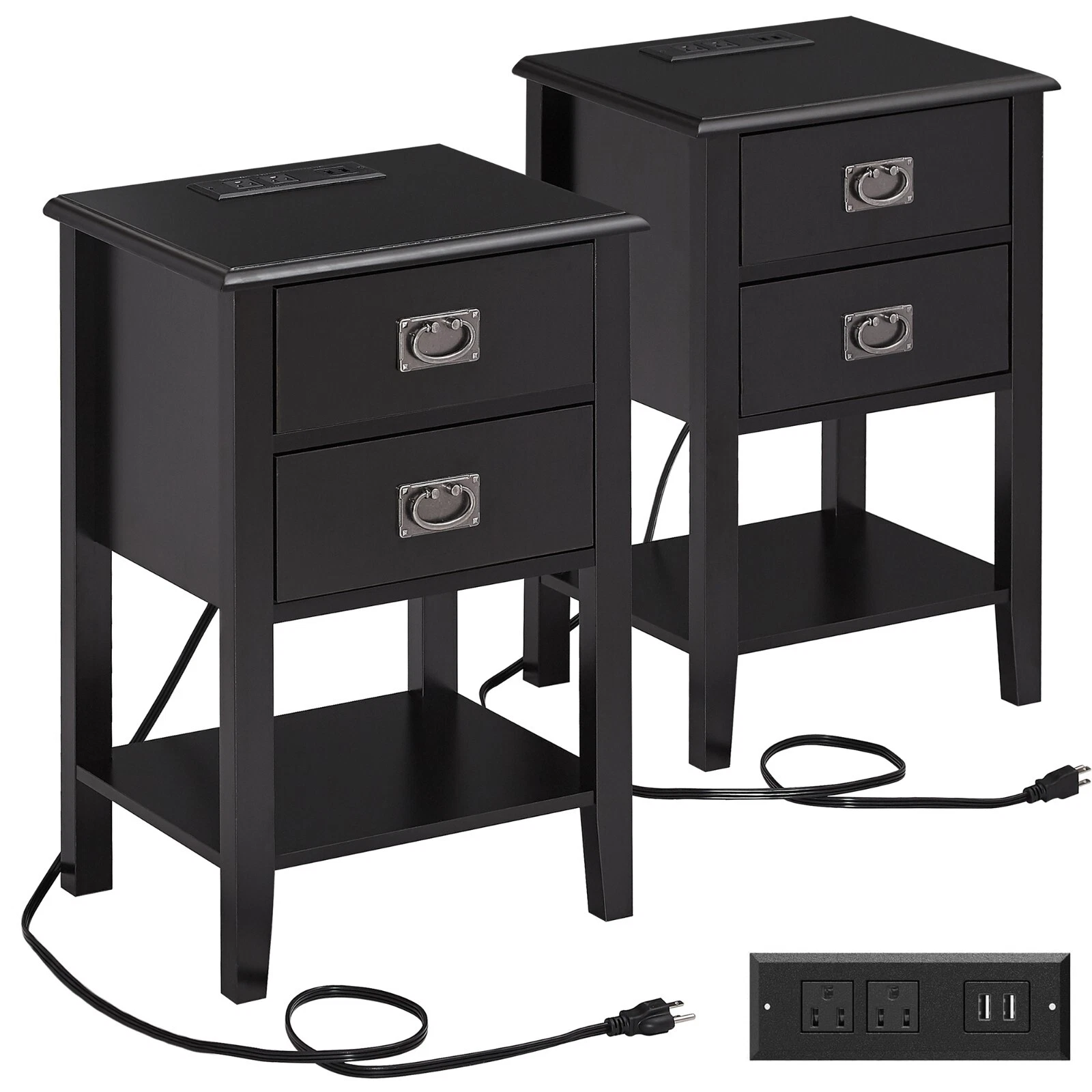 Set of 2 Nightstand with Charging Station USB Port